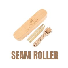 an image of a wooden case with scissors and a knife in it that says seam roller