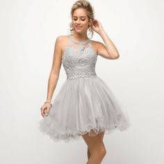 Short Layered Cocktail Dress In Silver Gray Prom Dress With Fitted Bodice, Elegant Fit And Flare Homecoming Mini Dress, Elegant Fit And Flare Mini Dress For Homecoming, Summer Wedding Gray Dresses, Spring Homecoming Midi Dress, Elegant Homecoming Lace Dress With Fitted Bodice, Elegant Homecoming Dress For Spring, Elegant Midi Dress With Fitted Bodice For Homecoming, Elegant Gray Summer Dresses