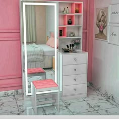 a pink and white room with a vanity, mirror, stool and bed in it