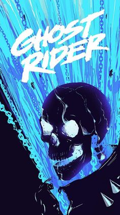 the cover to ghost rider, featuring a skull in front of blue and black background