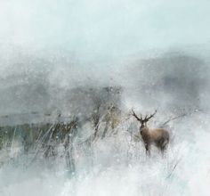 a painting of a deer standing in the middle of a field with snow on it