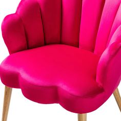 a pink chair with wooden legs on a white background