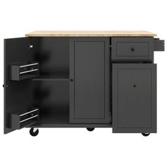 a black cabinet with two drawers and one door open