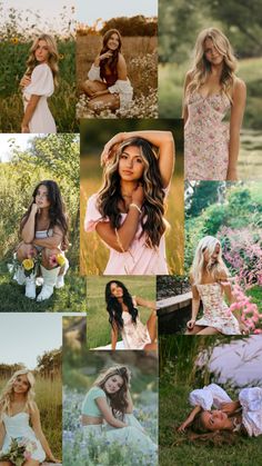 a collage of different women in dresses and flowers, including one woman sitting on the ground