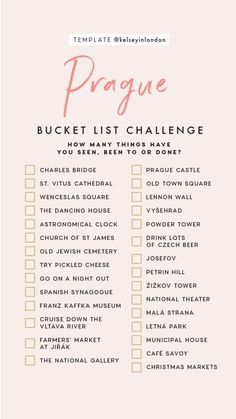 a pink and white checklist with the words prague bucket list challenge written on it