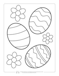 an easter coloring page with three eggs and flowers