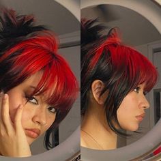 Ghost Roots Hair Red, Short Dyed Hair Grunge, Short Red Dyed Hair, Dyed Bangs Red, Dyed Roots On Black Hair, Short Dyed Hair Ideas, Red Underneath Hair, Dyed Roots, Ginger Hairstyles