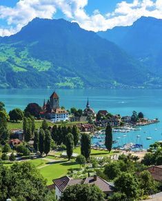 an aerial view of a small town by the water with mountains in the back ground