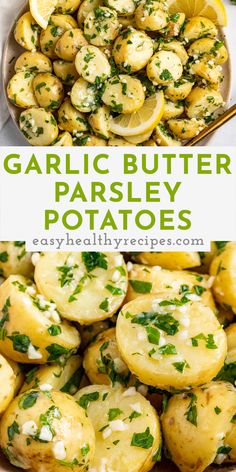 garlic butter parsley potatoes in a bowl with lemons and parsley