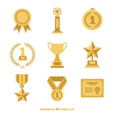 golden awards and ribbons on white background