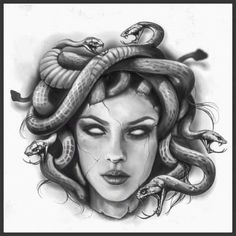 a drawing of a woman with a snake on her head and two snakes in her hair