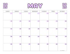 a calendar with the word may in pink and purple on it, next to an image of