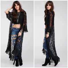 Bohemian Chic Black Lace Sheer Maxi Duster With Long Tassel Fringe Along Bottom Hem And Sleeves. This Is Such A Versatile Piece As It Would Make A Great Swim Coverup And Can Be Worn Layered Over Your Daytime Outfit Or Dressed Up For A Sexy Evening Piece! Tassel Outfit, Dark Boho, Boho Goth, Mode Kimono, Long Sleeve Kimono, Cardigan Kimono, High Fashion Women, Black Lace Blouse, Mode Boho