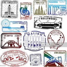 various stamps with the names of different cities