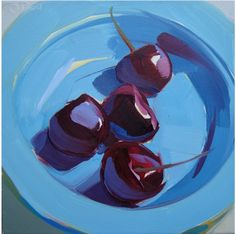 an oil painting of cherries in a blue bowl