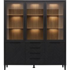 a black cabinet with glass doors and wooden shelves