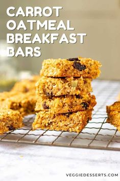 carrot oatmeal breakfast bars stacked on top of each other with text overlay