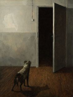 a painting of a dog standing in front of an open door with the light shining on it