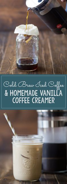 homemade vanilla coffee creamer is being poured into a jar