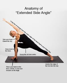 a woman is doing an exercise on a yoga mat with the words anatomy of extended side angle