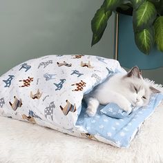 a white cat laying on top of a blue blanket