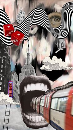 a collage of different images including a train, buildings and a clock tower with red dices sticking out of it's mouth