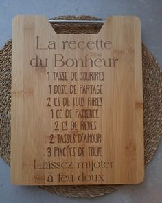 a wooden plaque with instructions on how to make a french recipe for luncheons