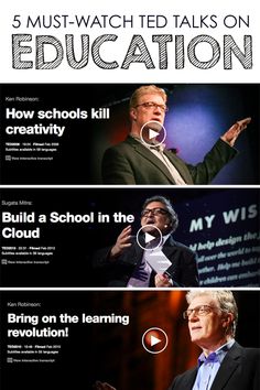 an image of a man speaking on stage with the words 5 must - watch ted talks on education and how schools kill creativity