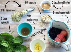 the ingredients to make an oatmeal smoothie laid out on a table