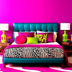 a colorful bedroom with zebra print on the bed and pink walls, green vases and lamps