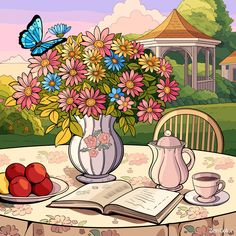 a table topped with a vase filled with flowers next to a cup of coffee and an open book