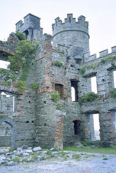 an old stone castle with ivy growing on it's walls and windows in the middle