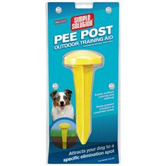 a yellow post with a dog sticking out of it's top and the words, pee post outdoor training aid