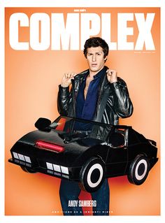 a man in a leather jacket standing next to a toy car on the cover of complex magazine