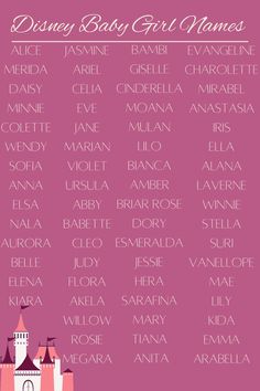 the disney baby girl names are displayed on a pink background with castle silhouettes in white