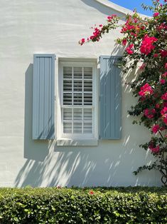 a white house with blue shutters and pink flowers