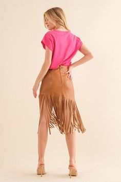 Faux Leather caoted Finish Fringe Knee Length Skirt Fitted waist Fringe hem Back zipper closure 100% Polyurethane ﻿This preorder will arrive 1/22/24 S: 17.8” length, 27” waist M: 18.3” length, 29” waist L: 18.8” length, 31” waist Care: Hand wash cold, hang to dry. Brown Fringe Skirt, Spring High Waist Fringed Mini Skirt, Leather Fringe Skirt, Fringe Leather Skirt, Fringed Suede Skirt, Chic Brown Fringe Skirt, Fringe Skirt, Skirt Fits, Leather Fringe