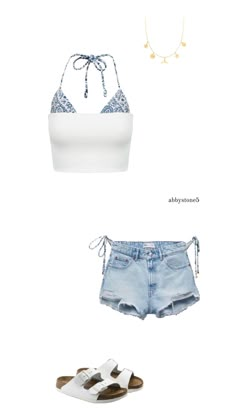 two pieces of clothing and sandals, one is white with blue flowers on the bottom