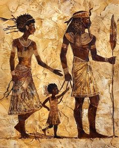 an egyptian painting with two women and a child in front of a stone wall background