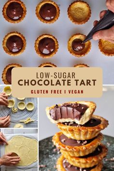 chocolate tarts are stacked on top of each other and ready to be cut into pieces