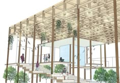 an architectural rendering of the inside of a building with people walking up and down stairs