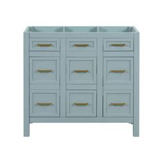 a blue cabinet with gold handles and drawers on the bottom, against a white background