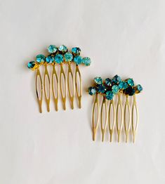 Add a bit of shine and glamour with this beautiful hair combs ! These hair combs have beautiful lustrous glass jewels.  Colors are bright aqua blue. Listing for 2 hair comb Size - 1.5  inch each end to end approximately You will get 2 hair combs in one order. Ready to ship Caution : Not for small children. Questions? Please send me a message  Design & style { amuandpri } Message Design, Shades Of Aqua, Aqua Hair, Holiday Hair, Party Hair, Holiday Hairstyles, Hair Combs, Party Hairstyles, Wedding Hair Accessories