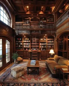 a living room filled with lots of furniture and bookshelves on top of wooden shelves