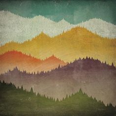 an abstract painting with trees and mountains in the background, painted on wood paneling