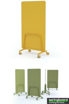 an image of a yellow board with four different chairs around it and the same one sitting on wheels