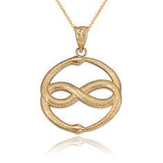 10K Yellow Gold Tail-Biting Double Ouroboros Infinity Snakes Pendant Necklace Item Details Metal: 10K Yellow Gold  Available as pendant an necklace Available in 16", 18", 20" and 22" chain length Pendant Weight: 2.00 grams Pendant Width: 0.80 inches  Pendant Height (w/ bail): 1.08 inches Pendant back: Hollow Bail Opening: 3.00 mm Finish: High Polished Snake Head, Textured Body Made in the USA. Payment              Immediate Payment is required after the Winning Bid            Item will be shipped immediately within 2-4 business day of receiving full payment Shipping Policy            Items Will be Shipped by USPS Ground within 2-4 Business day of receiving full payment            Tracking Number will be provided within 24-48 hrs. International Customers The order will be processed within 2 Double Ouroboros, Ouroboros Infinity, Rose Gold Pendant Necklace, Snake Head, Snake Pendant, Rose Gold Pendant, Diy Rings, Yellow Gold Pendants, Fine Jewellery Necklace