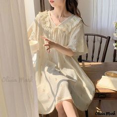 Olivia Mark - Cotton Short-Sleeve Princess Double-Layer Gauze and Cotton Silk Nightgown Home Wear Cute Night Dress For Women, Korean Night Dress, Cute Night Dress, Cute Night Outfits, Korean Sleepwear, Silk Nightgown, Floral Cotton Dress, Cotton Sleepwear, Night Dress For Women