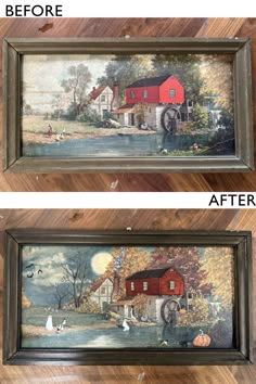 before and after pictures of a painting on the wall in front of a wooden floor