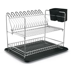 a metal dish rack with two trays and one black container on the bottom shelf